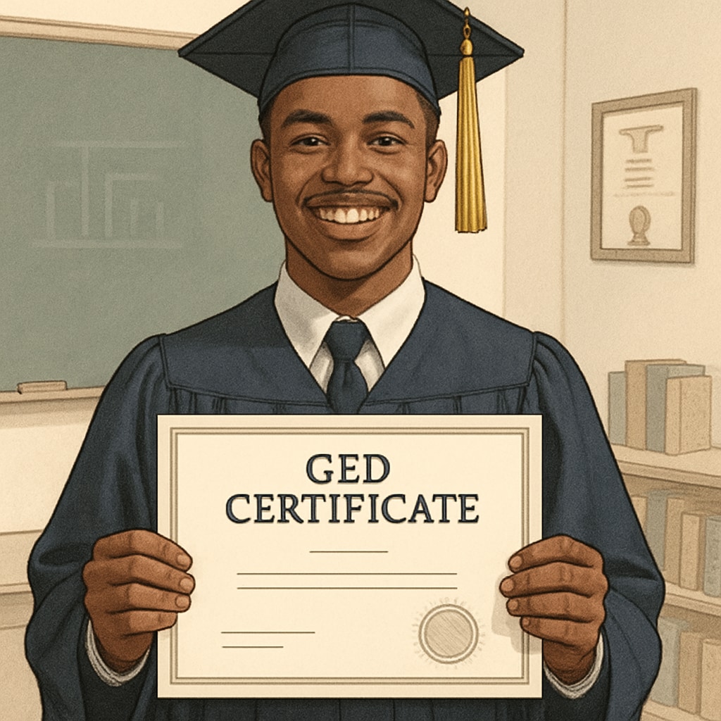 A GED graduate holding their certificate proudly, symbolizing readiness for college and personal achievement. A GED graduate holding a certificate, representing the achievement of educational goals.