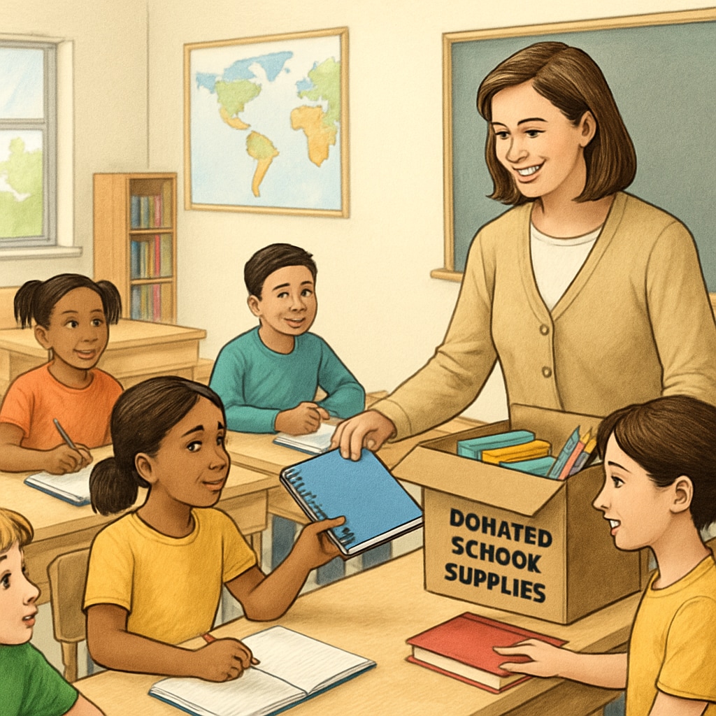 A teacher distributing donated school supplies to students in a classroom setting. A teacher handing out donated school supplies to students in a classroom environment.