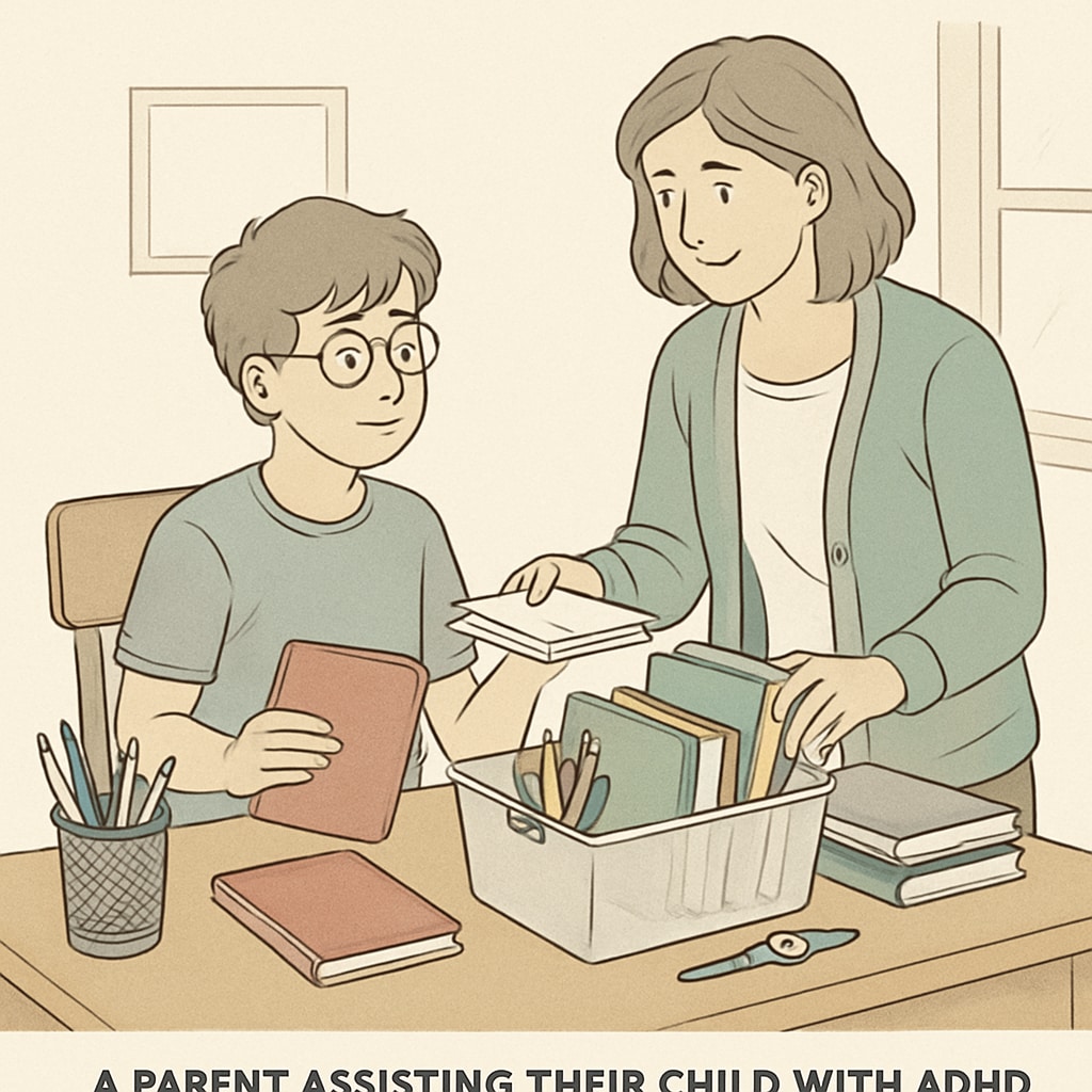 A parent helping their child with ADHD organize their school supplies, symbolizing the importance of executive function strategies at home. Parent assisting child with ADHD in organizing school supplies