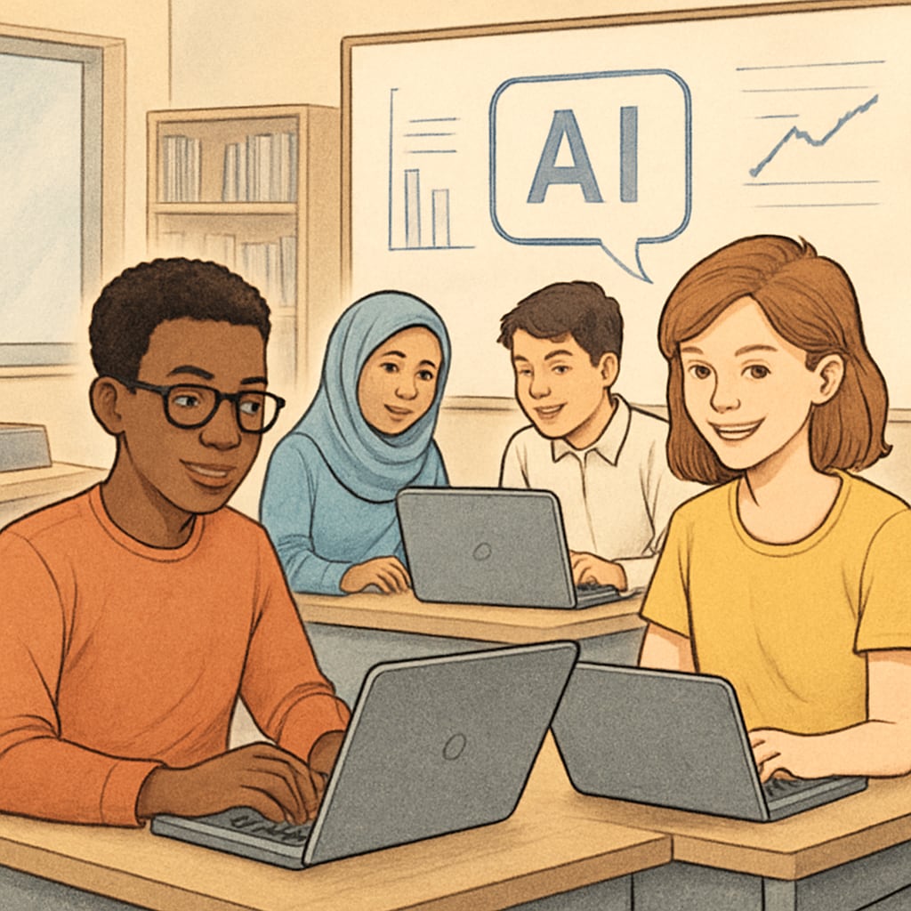 A diverse group of students using laptops in a classroom, highlighting AI's influence on modern education. Students in a classroom using laptops, representing AI's impact on academic integrity.