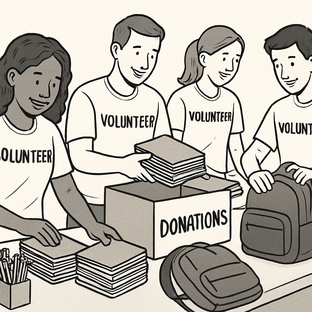 A group of volunteers collecting and organizing school supplies for donation. Volunteers sorting and packing school supplies for classroom donation initiatives.