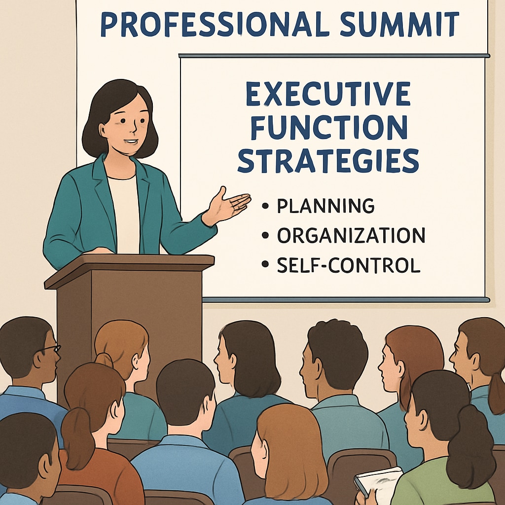 A summit session featuring an expert discussing executive function strategies, representing the collaborative learning opportunities provided by the event. Expert speaking on executive function strategies during a summit session