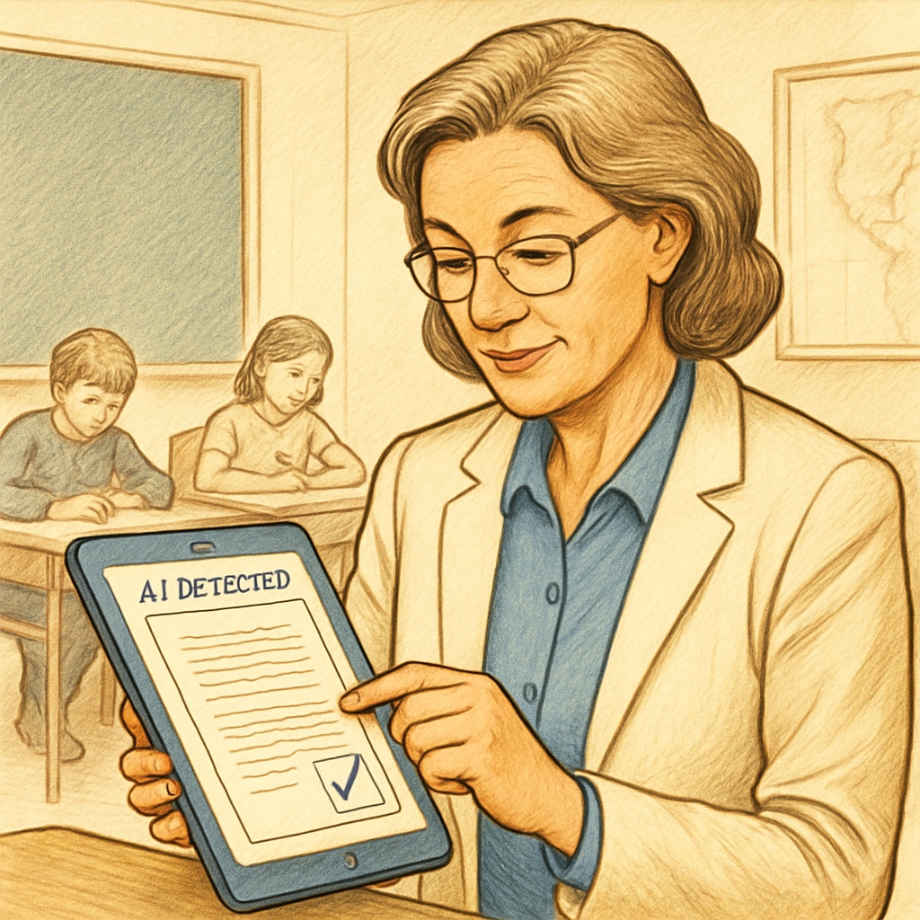 An educator reviewing student work on a tablet, symbolizing the use of AI detection tools in schools. Teacher analyzing student submissions on a tablet to detect AI-generated content.