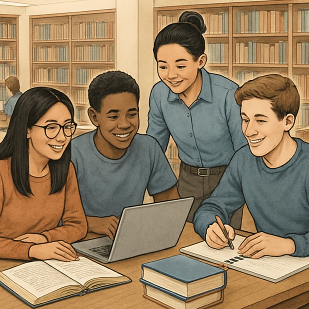 A diverse group of students smiling and collaborating in a university library. Diverse students working together in an English-speaking university library.