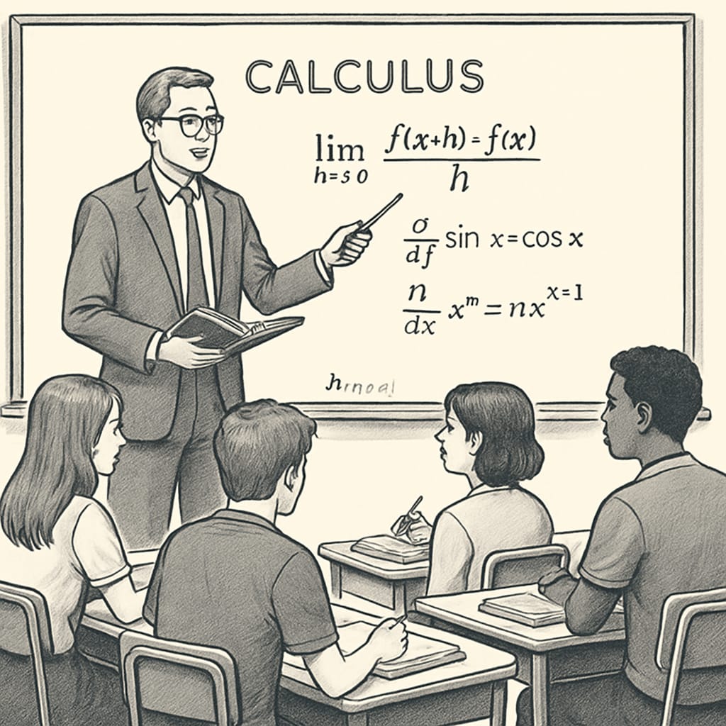 A classroom of high school students engaged in a mathematics lesson, with a teacher explaining calculus concepts on a whiteboard. High school students learning calculus concepts, illustrating teaching challenges.