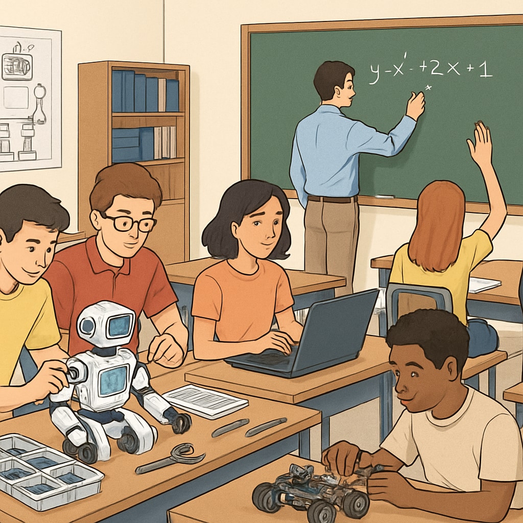 A classroom where students are actively engaged in both hands-on vocational training, such as robotics, and traditional academic lessons, such as mathematics. Students participating in vocational training and academic lessons to achieve a balanced education.