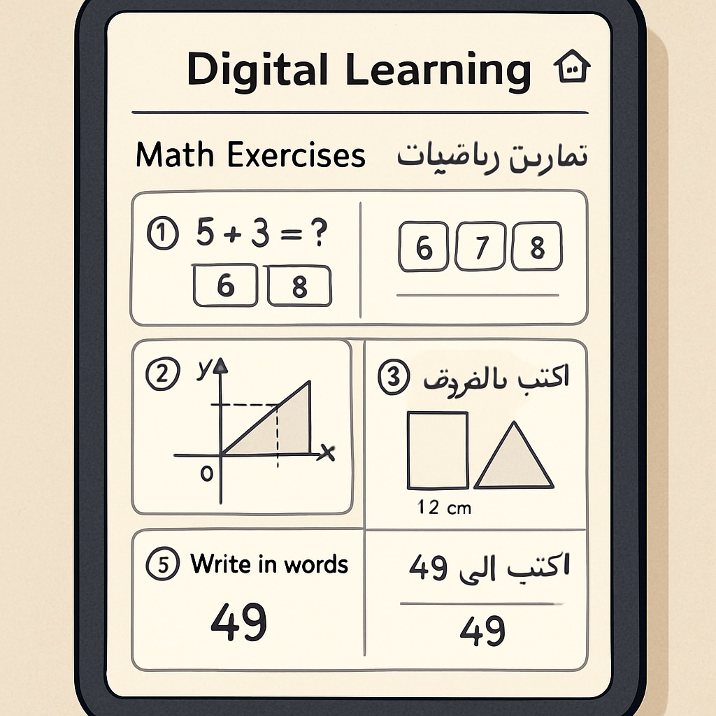 A digital learning platform displayed on a tablet, showing bilingual math exercises tailored for Arabic-speaking students. Bilingual educational app for Arabic-speaking students learning mathematics.