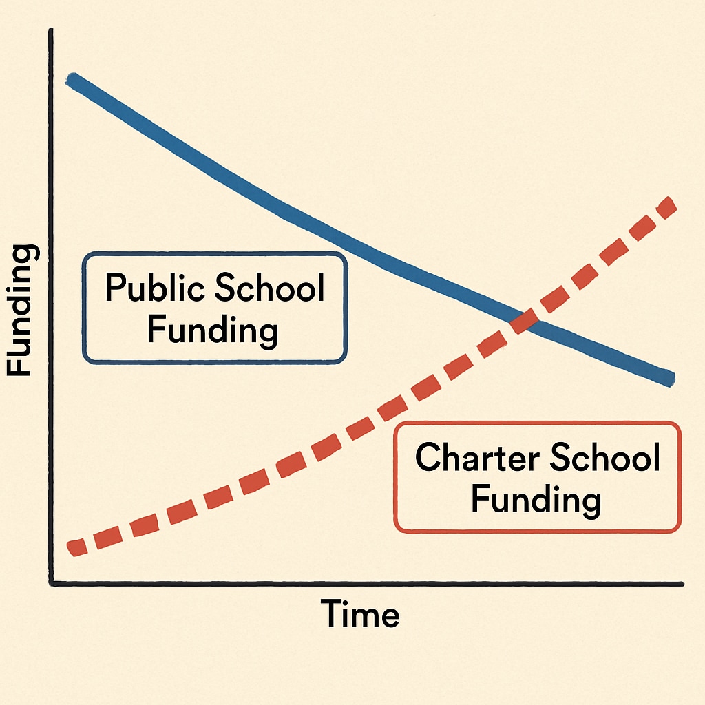 A graph showing the decline in public school funding alongside the rise in charter school funding, with a focus on the U.S. education system. Graph illustrating the shift in education funding from public schools to private institutions.