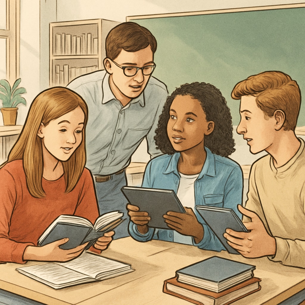 A group of students discussing in a classroom, some holding tablets while others have books. Students in a classroom discussing, showcasing varying approaches to phone use in education.