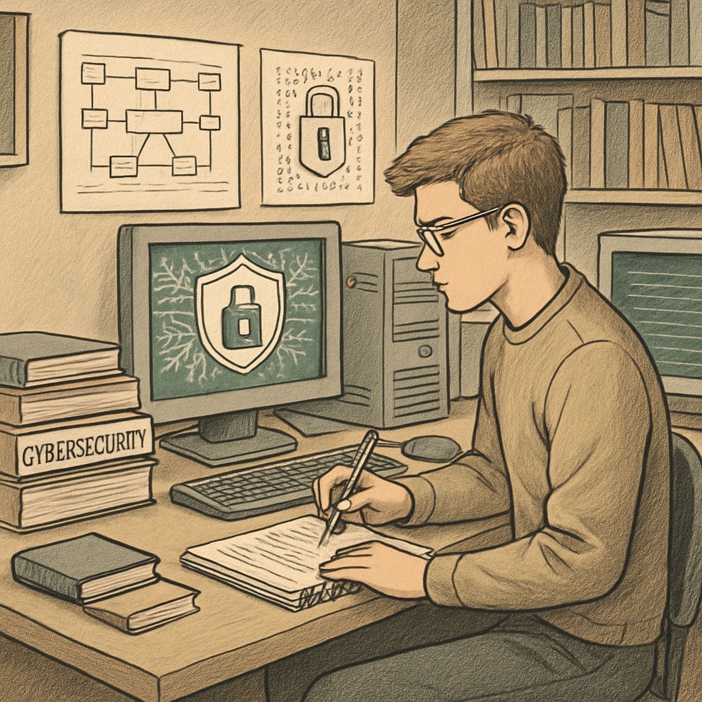 Cybersecurity student working on a project to balance theory and practice