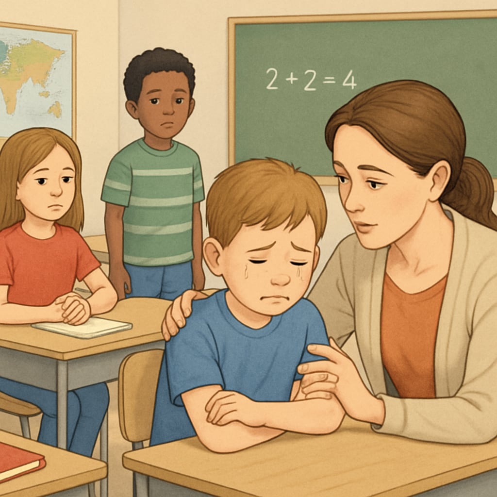 An illustration showing children in a classroom setting, with one child being comforted by a teacher after reporting bullying. A classroom scene where a teacher addresses bullying, highlighting school safety.
