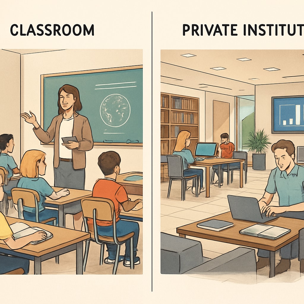 A classroom filled with students and a teacher, contrasted with a private institution's promotional materials showcasing luxurious amenities. Comparison of public school classroom settings with promotional images of private institutions.