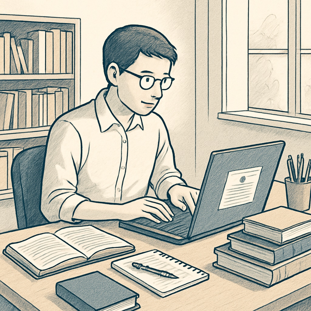 A student working on a laptop in a home office, symbolizing online education for busy professionals. Online education for busy professionals with a laptop in a home office.