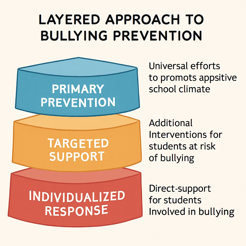 Diagram showing a layered approach to bullying prevention, including primary prevention, targeted support, and individualized response. Visual representation of a multi-level bullying prevention system.