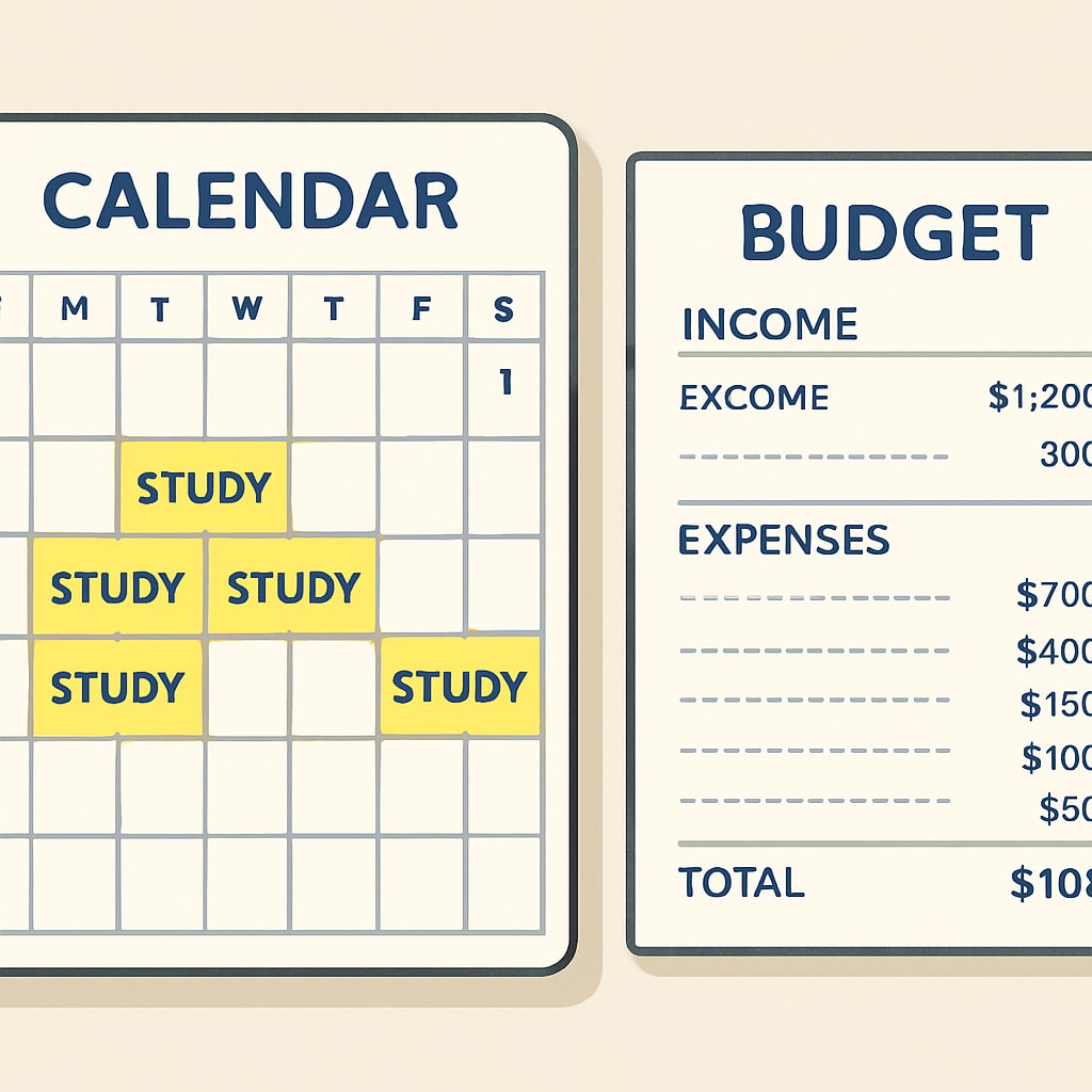 A calendar with highlighted study hours alongside a budget sheet, representing time and financial management for online learners. Time and financial management for online learners with a calendar and budget sheet.
