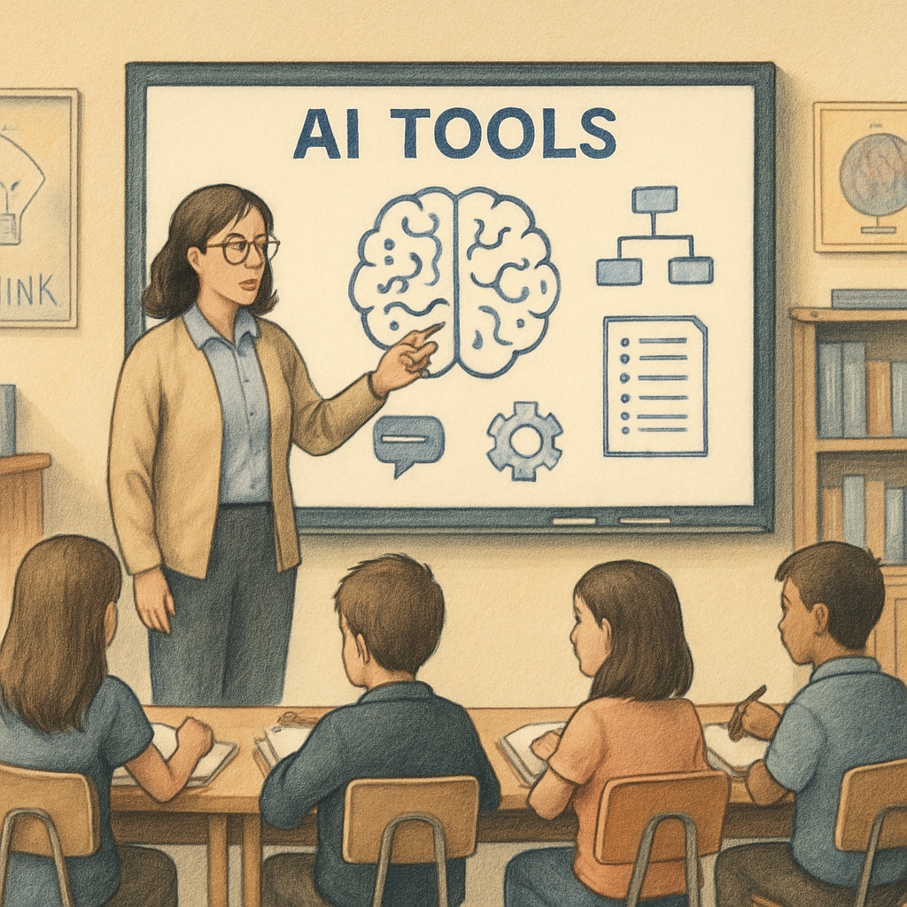 A classroom setting where a teacher is demonstrating AI tools on a smartboard, illustrating how AI can be integrated into educational practices. Teacher demonstrating AI tools in education to students on a smartboard