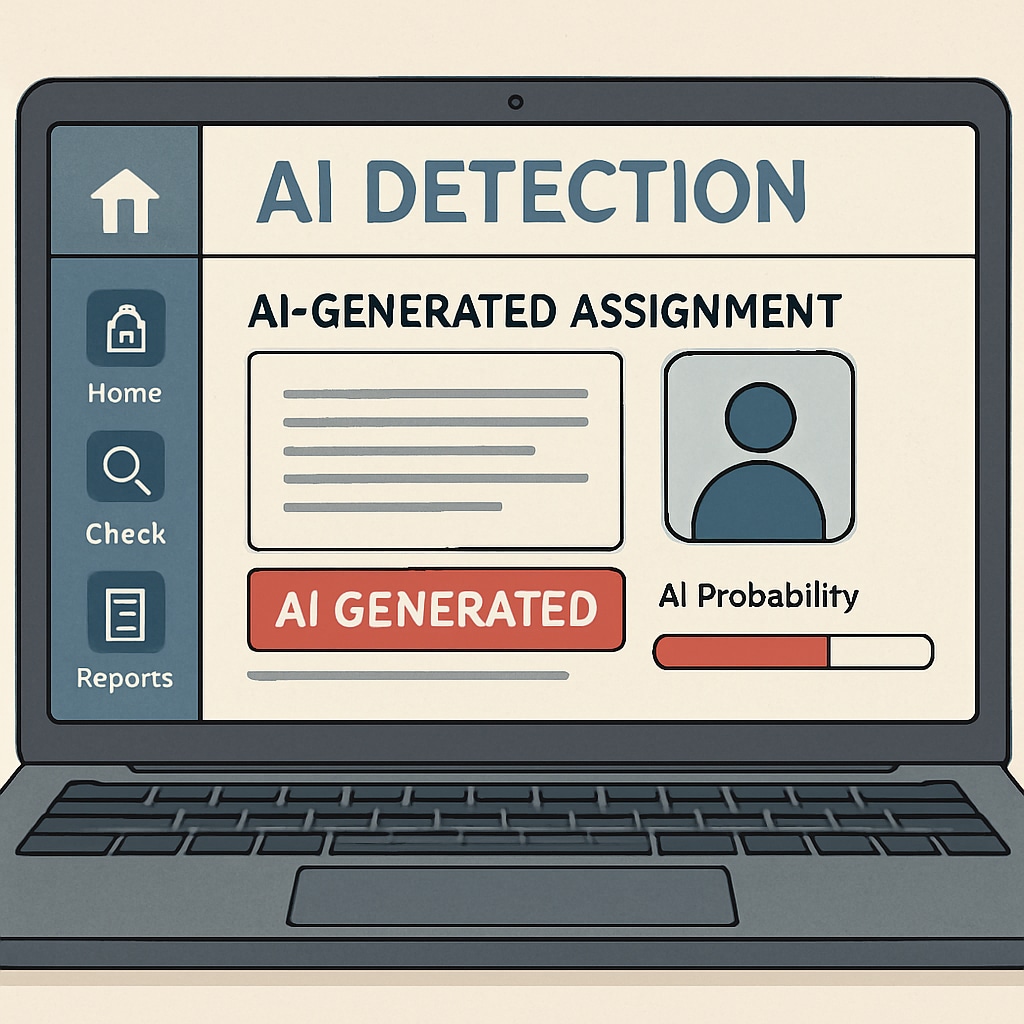 A laptop screen showing an AI detection software interface, highlighting tools used to identify AI-generated assignments in schools. AI detection software interface for identifying AI-generated assignments