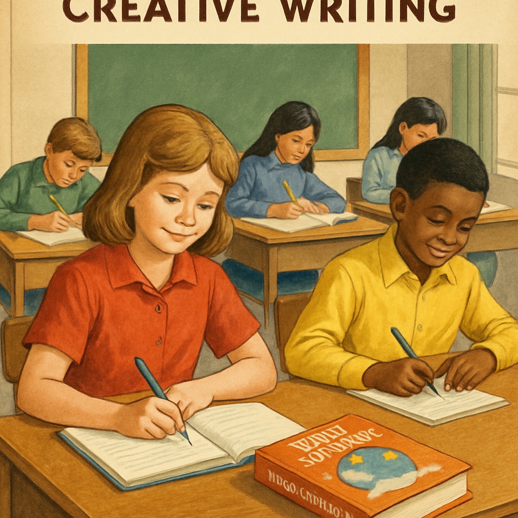 Students working on creative writing exercises inspired by the Classroom scene with children using