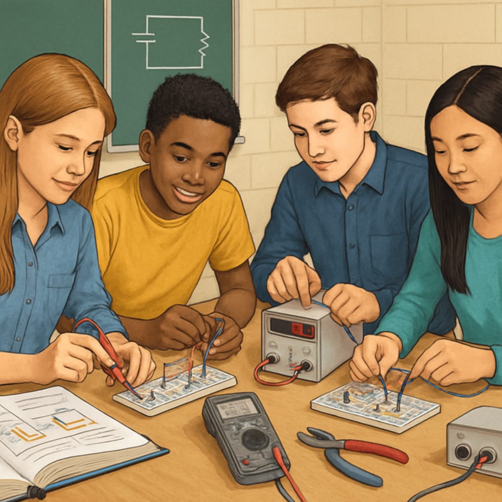 Students working on electrical circuits as part of a K12 apprenticeship program in a classroom setting. K12 students learning electrical circuits for automotive careers.
