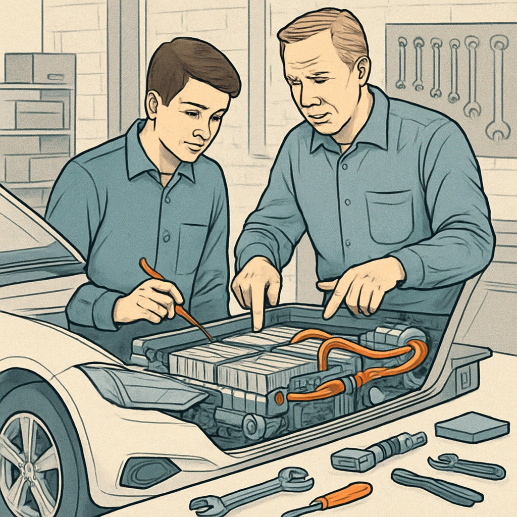 A student in a workshop setting, learning to assemble components of an electric vehicle under mentorship. K12 student assembling electric vehicle components during apprenticeship.