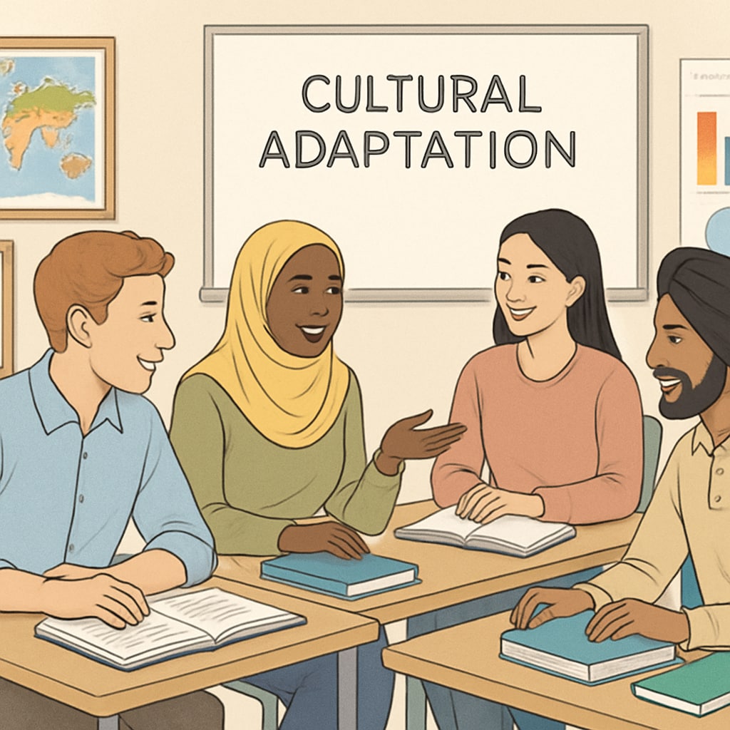 A classroom setting with diverse international students participating in cultural adaptation workshops in New York. Classroom with diverse students learning cultural adaptation and adult education basics.