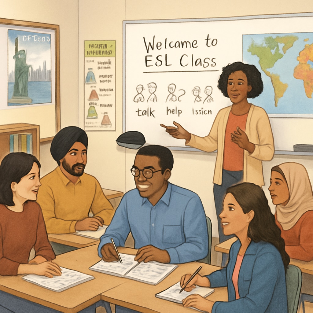 A diverse group of adult learners engaging in an ESL class with cultural adaptation elements in a New York community college. ESL class in New York focusing on language and cultural adaptation for adult learners.