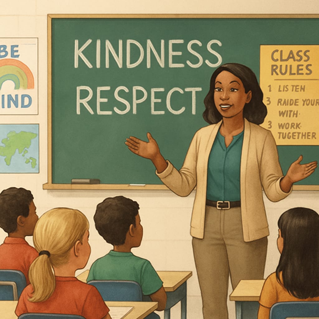 A teacher speaking to students in a classroom about kindness and respect. The image conveys an educational and inclusive environment. Teacher discussing kindness and respect with students in a classroom, promoting anti-bullying awareness.