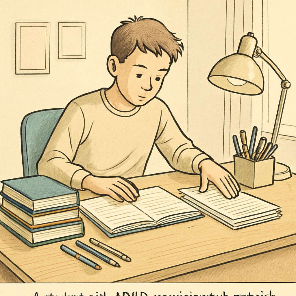 A student with ADHD organizing study materials on a desk, symbolizing focus and structure. ADHD student organizing study materials for credit recovery