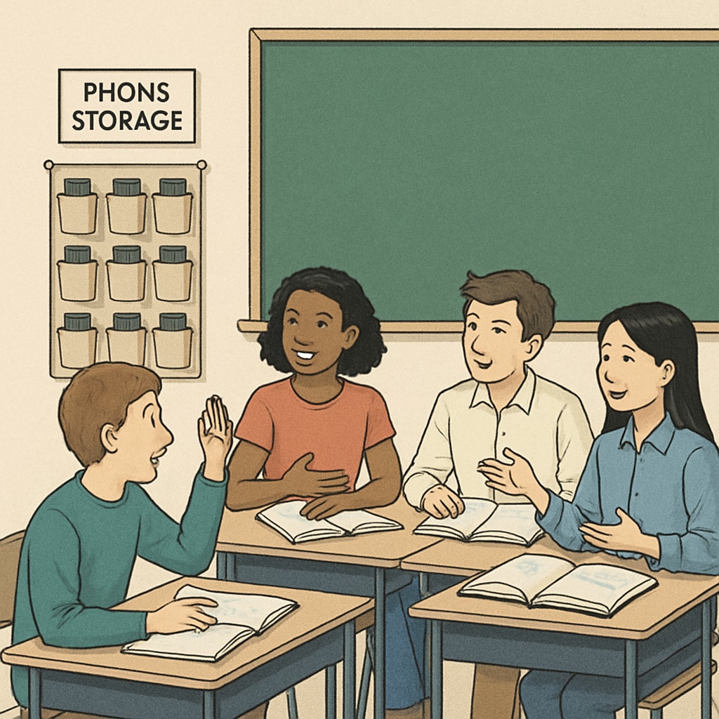 A photo of students in a classroom, actively engaged in a discussion, with phones stored away in a designated area. Students participating in a classroom discussion with phones stored in a designated area.