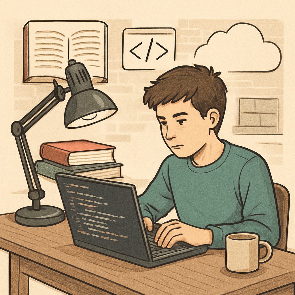 A teenager coding on a laptop, representing the role of programmers in the modern tech landscape. Teenager coding on laptop, showcasing programmer skills in AI era.