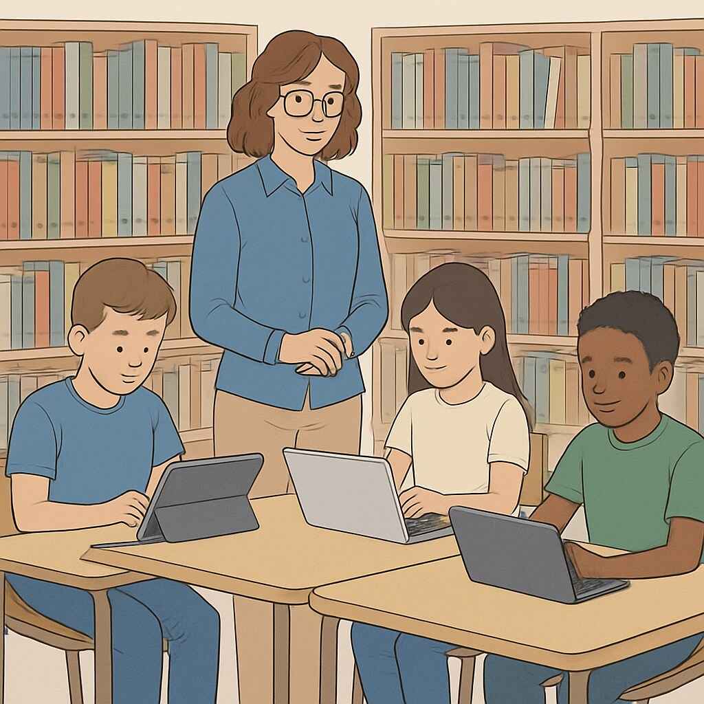 A staged image of a school library with students using tablets and laptops under teacher supervision. Students using digital tools like tablets and laptops in a library setting under teacher supervision.
