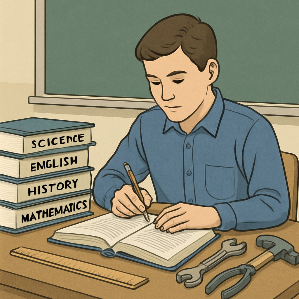 A student studying in a classroom setting with academic books and vocational tools, demonstrating the balance between academic and practical education. Student balancing academic studies with vocational training tools