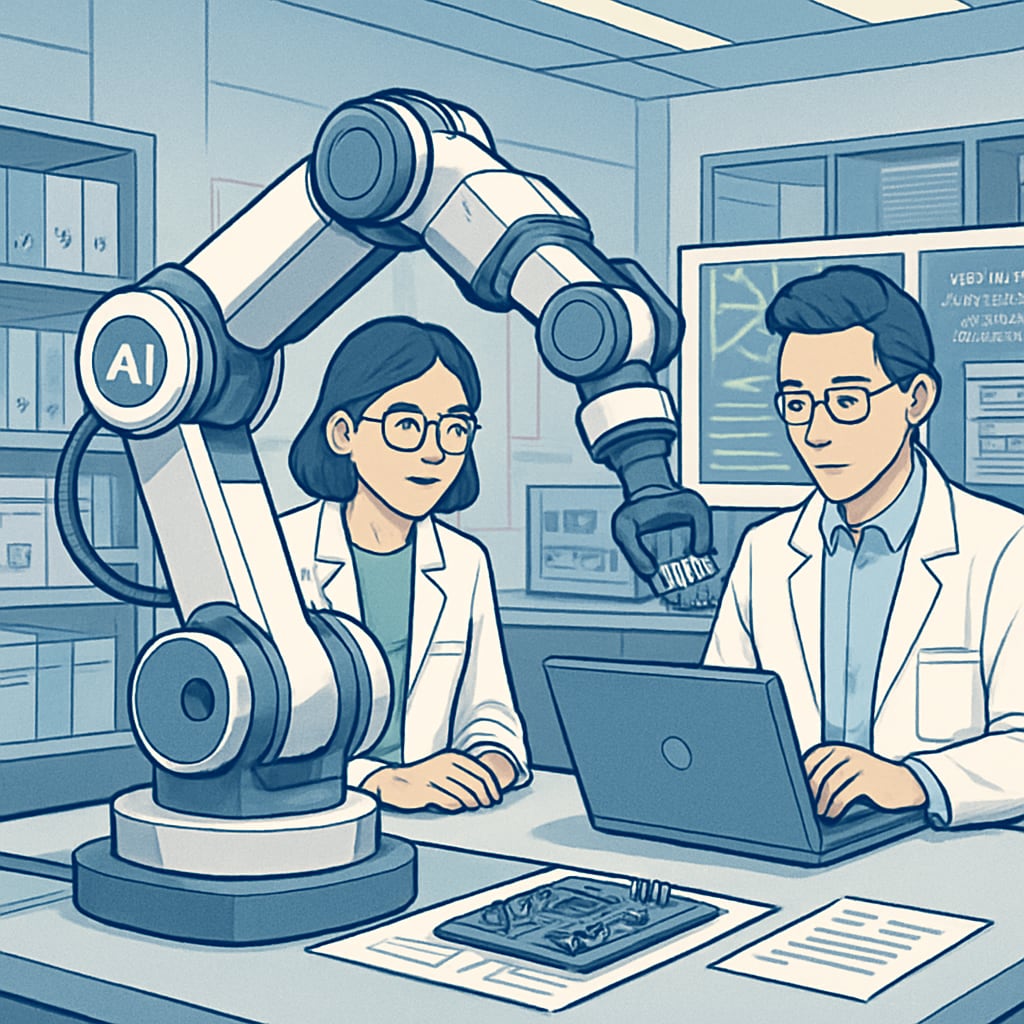 An AI-powered robotic arm working alongside engineers in a high-tech lab. Engineers collaborating with AI robotic arm in a tech lab.