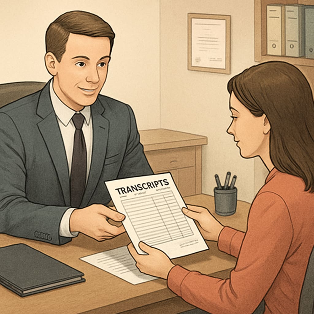 A school administrator handing over academic transcripts to a parent in a professional setting. School administrator providing academic transcripts to a parent despite unpaid balances.
