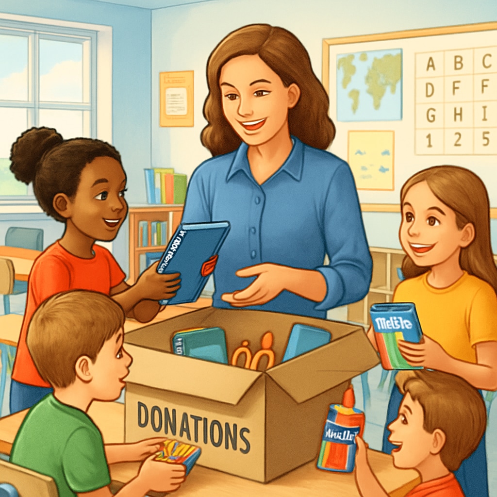 A teacher unpacking donated classroom supplies with students eagerly assisting in a bright, cheerful classroom. A classroom scene showing a teacher and students organizing donated supplies to support educational needs.