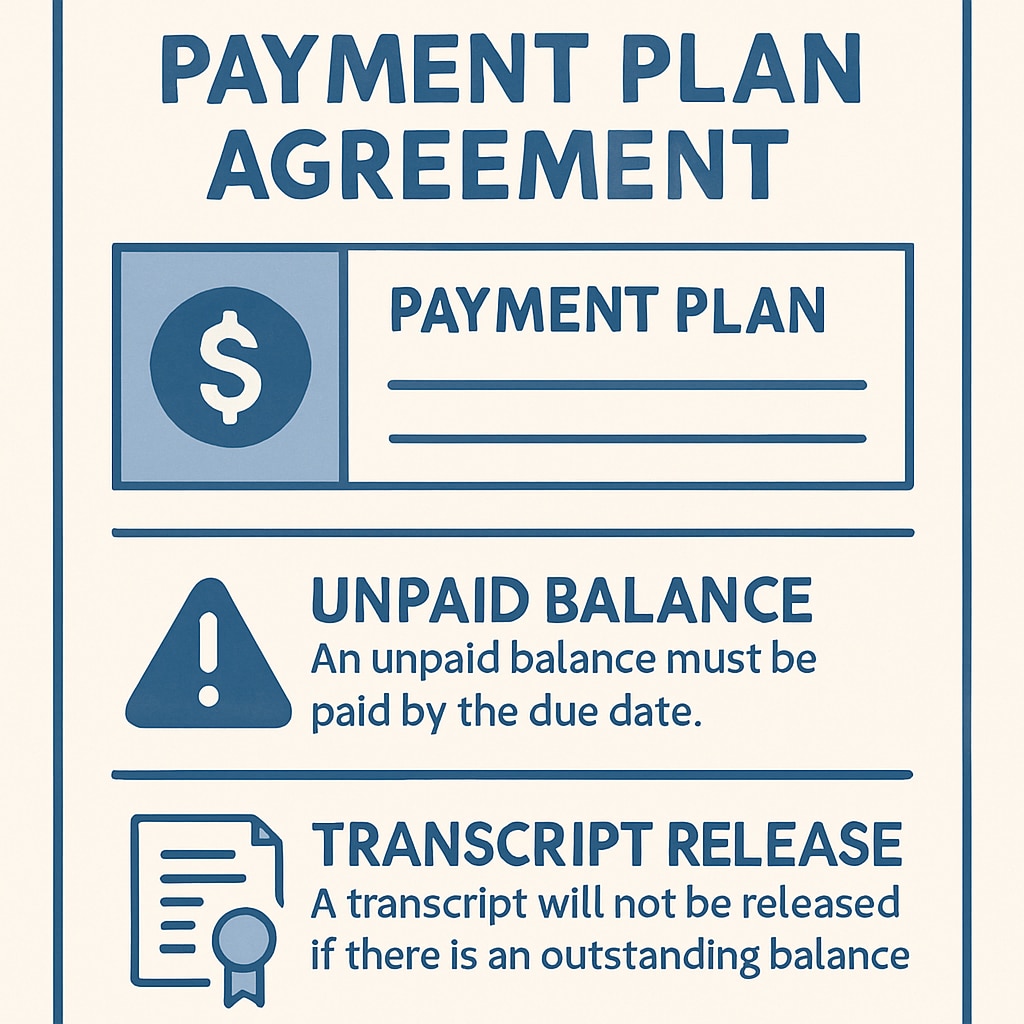 A detailed visualization of a payment plan agreement, showing terms related to unpaid balances and transcript release. Payment plan agreement terms for unpaid balances and transcript access.