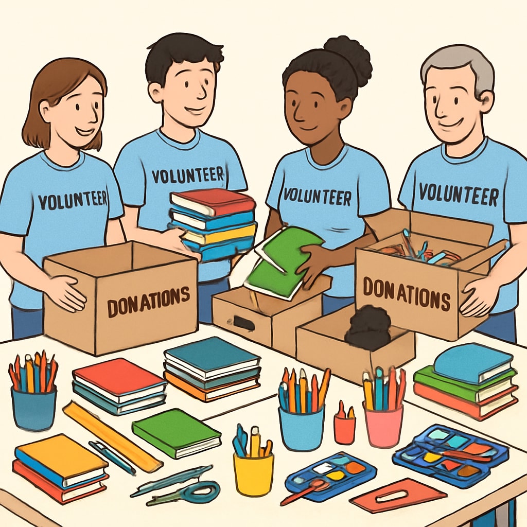 A group of volunteers organizing donated educational materials, with colorful school supplies displayed on tables. Volunteers sorting a variety of donated school supplies for classrooms in need.
