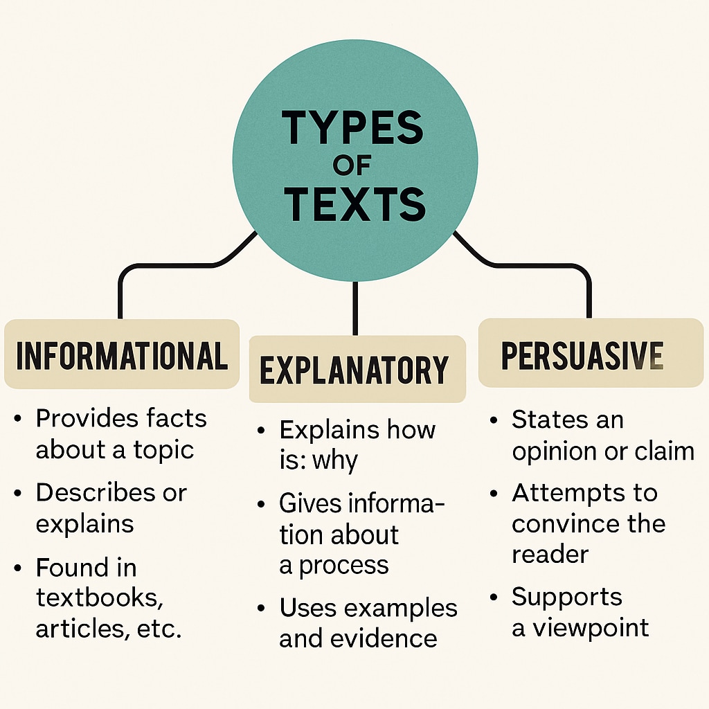 A mind map displaying the differences between informational, explanatory, and persuasive texts, created as a student study aid. A visual comparison of text purposes: informational, explanatory, persuasive.