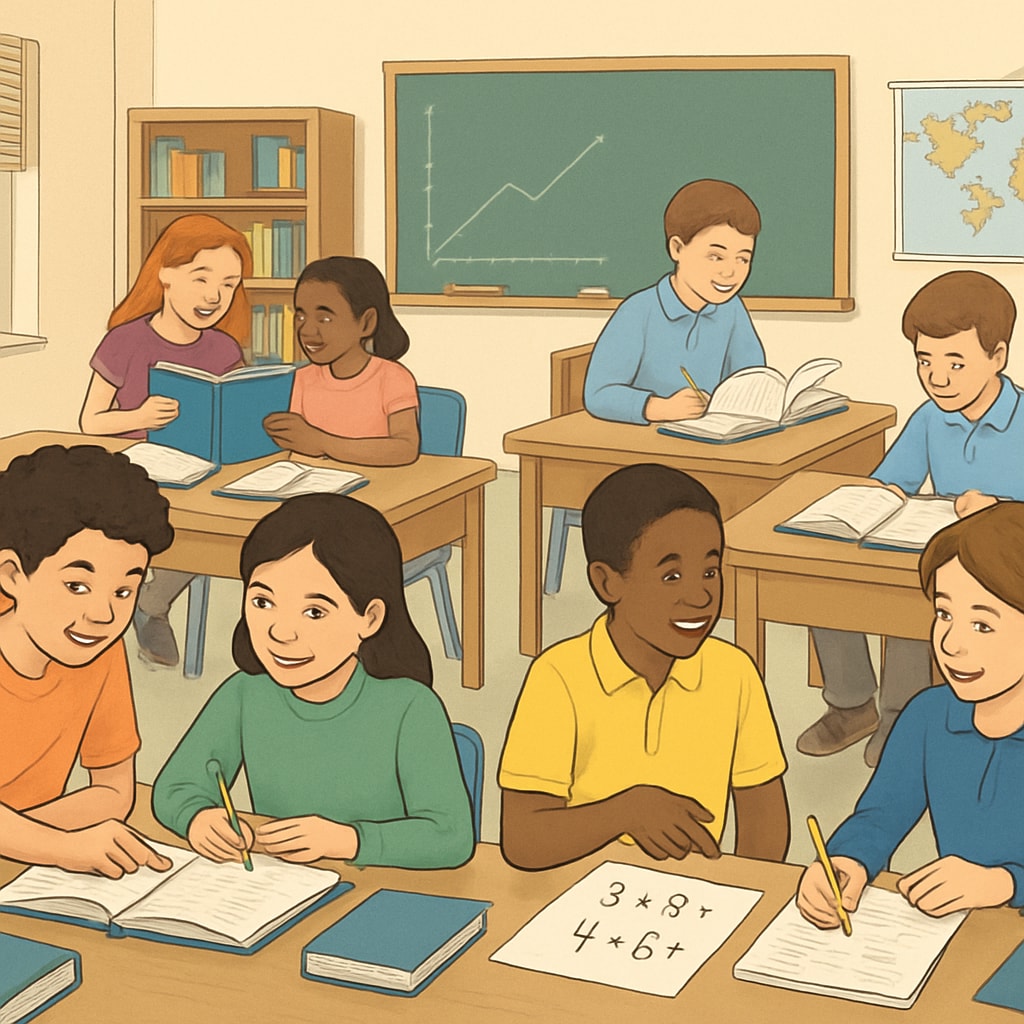 A classroom filled with engaged students working collaboratively on various learning activities, representing effective learning strategies. Students collaborating in a classroom on K12 learning methods research activities.