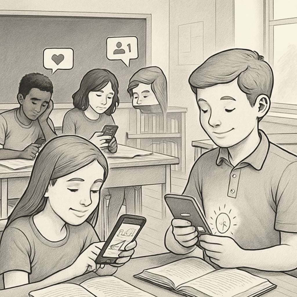 Students sitting in a classroom, some using mobile phones for educational activities, while others are distracted by social media. This image highlights the dual nature of mobile phone use in schools. Students in a classroom using mobile phones for both educational and non-educational purposes