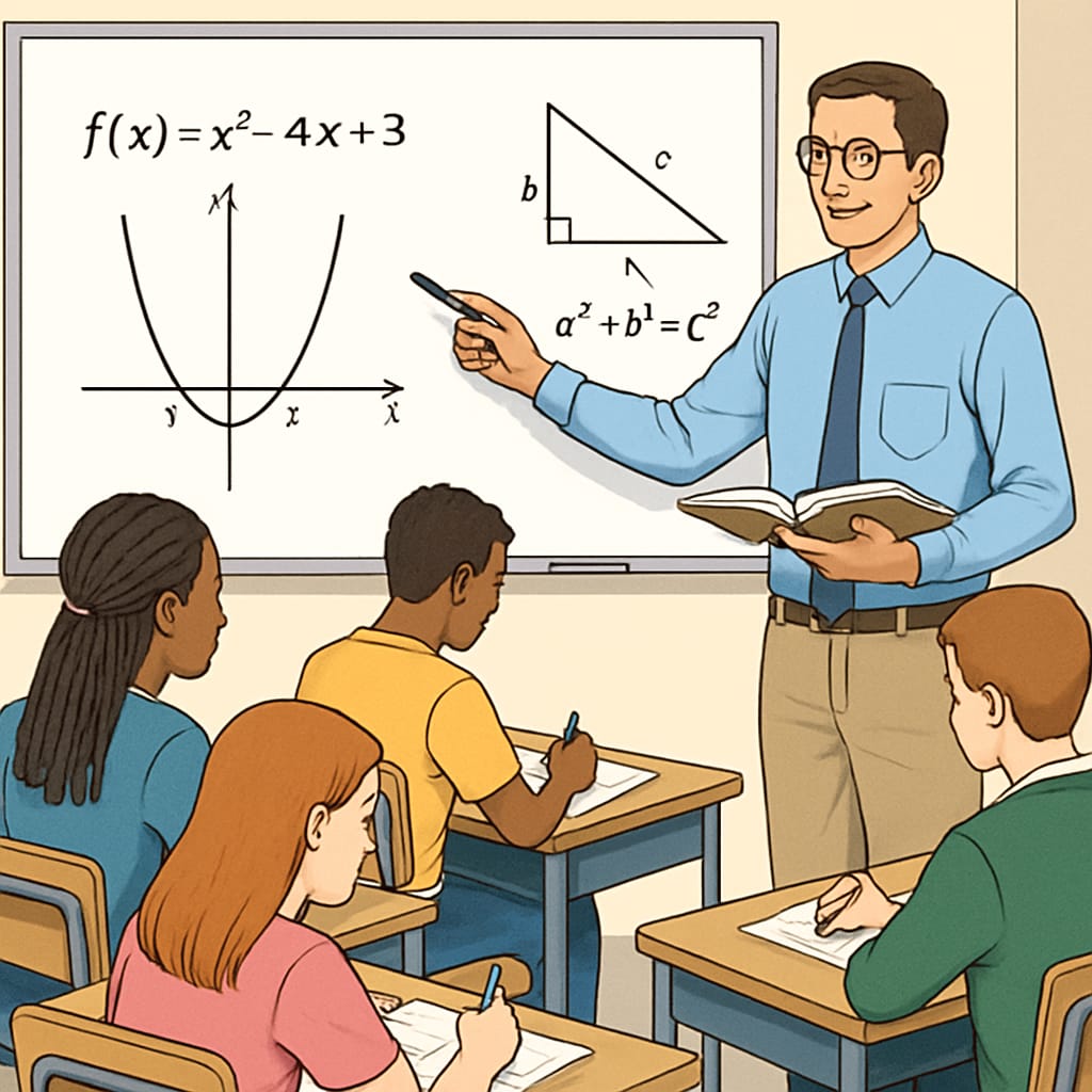 A classroom with a high school teacher explaining mathematical concepts on a whiteboard while students take notes attentively. High school teacher explaining math concepts to students in a classroom.