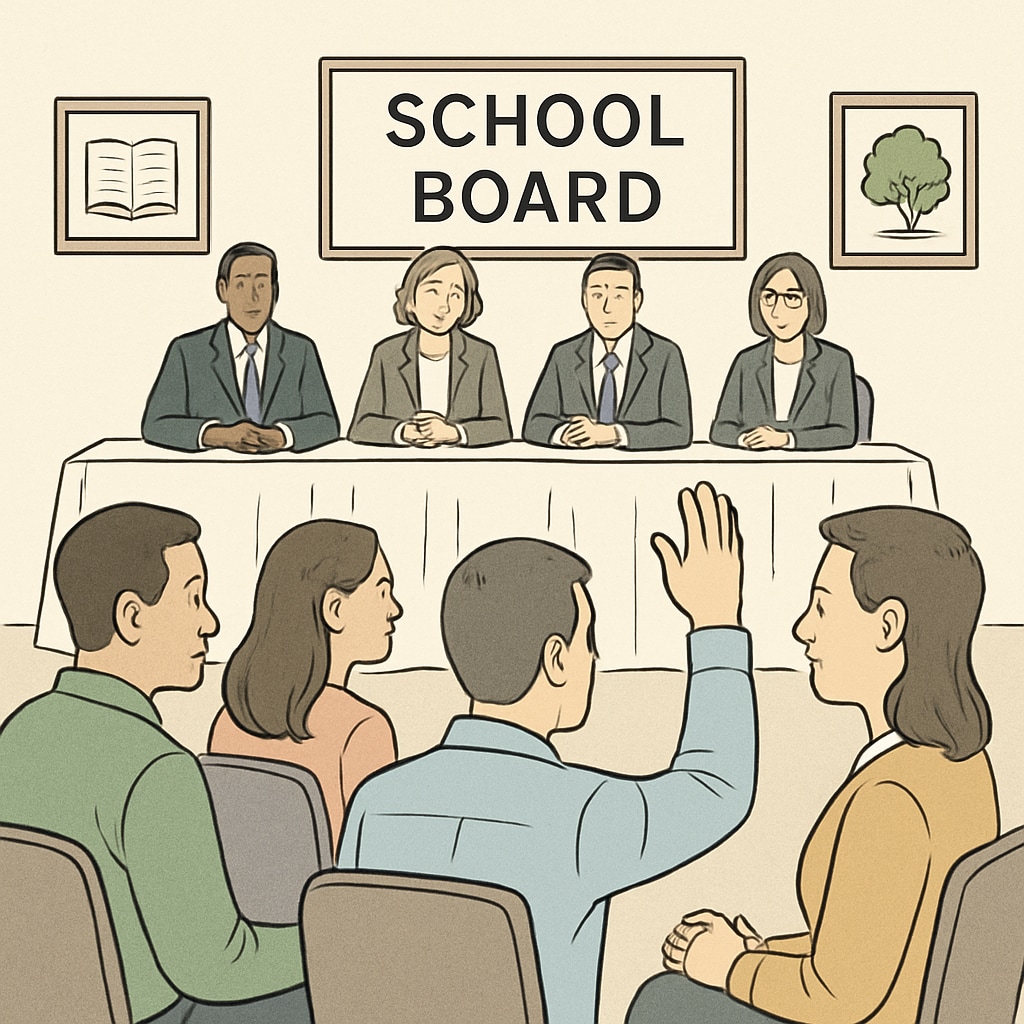 A school board meeting with concerned parents raising questions about governance and safety. Concerned parents at a school board meeting discussing child safety and governance standards.