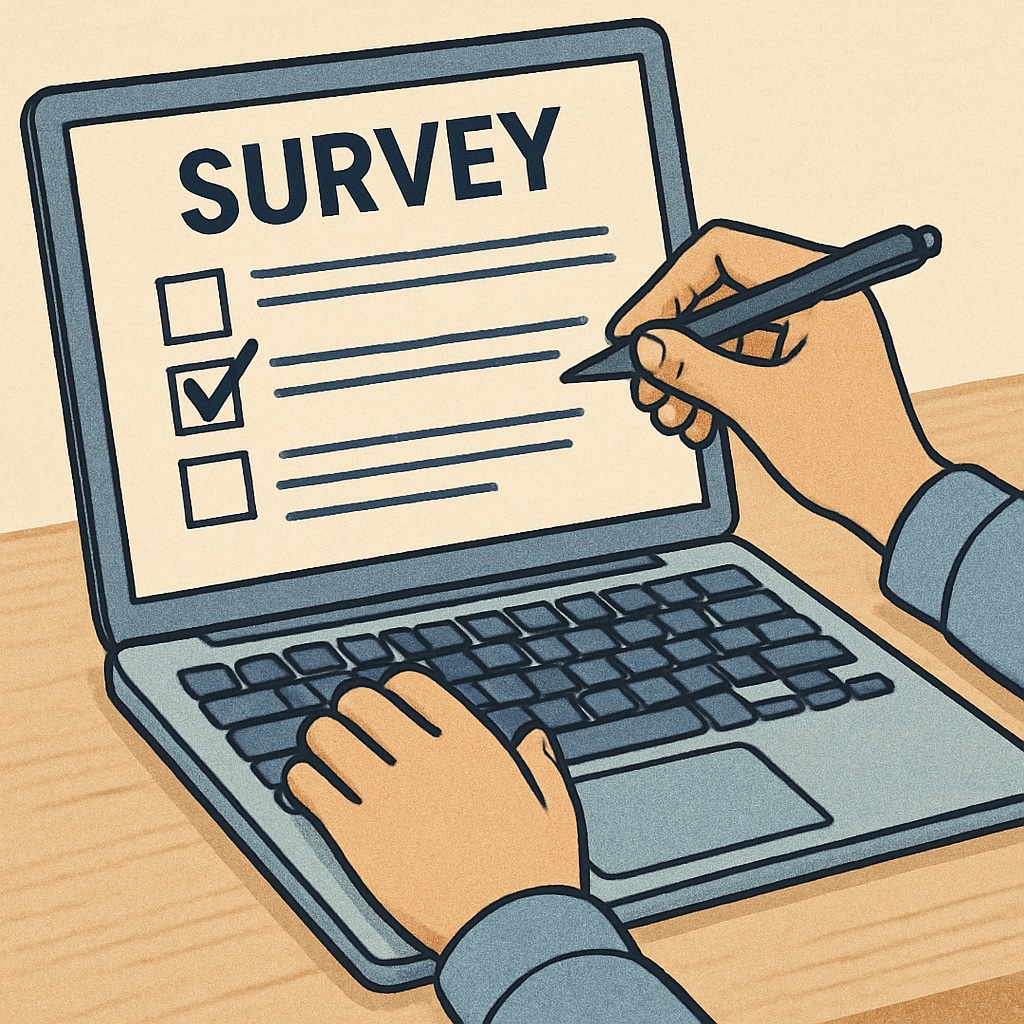 A survey form being filled out on a laptop, symbolizing active participation in educational research and data collection. Survey form for K12 learning methods research being completed on a laptop.