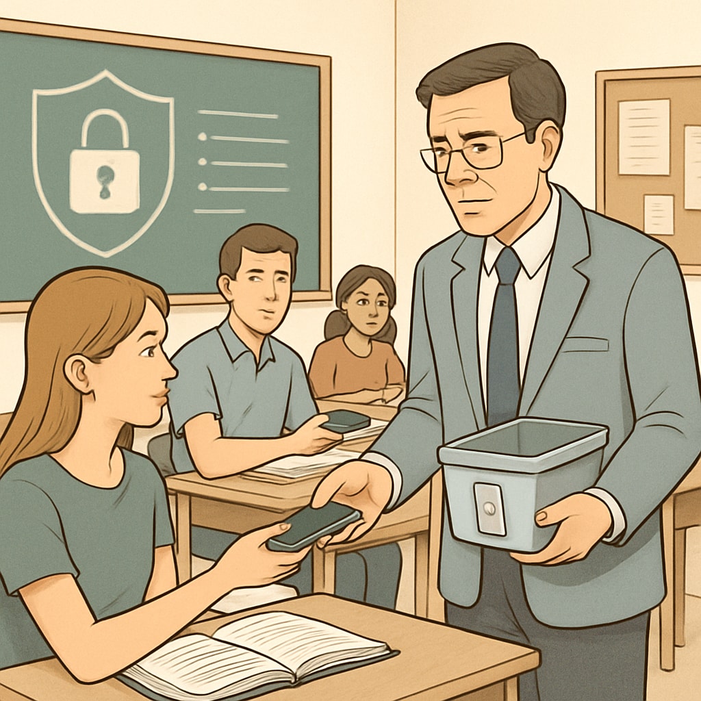 A teacher collecting mobile phones from students as part of a school policy, emphasizing concerns about privacy and enforcement. Teacher confiscating mobile phones from students as part of a school ban