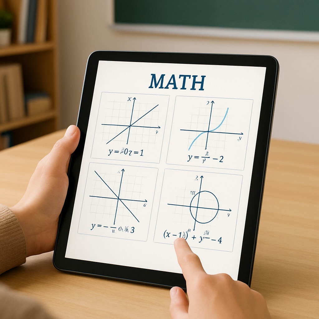 A student using an interactive math application on a tablet, with graphical equations displayed on the screen. High school student using a tablet to learn math through a visual application.