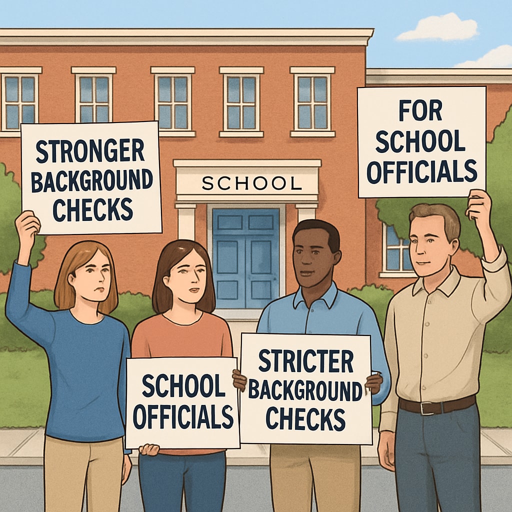 Protesters outside a school building holding signs demanding stricter background checks for school officials. Protesters advocating for stricter governance and child safety measures in front of a school.
