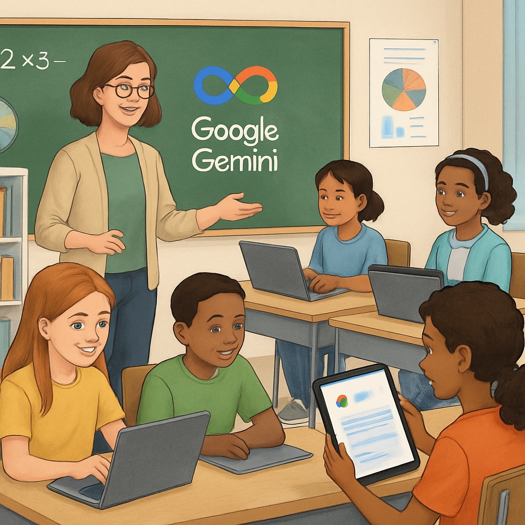 A classroom scene illustrating the integration of AI-powered tools, such as Google Gemini, in student learning activities. A teacher using AI tools in a classroom showcasing AI-powered education technologies.