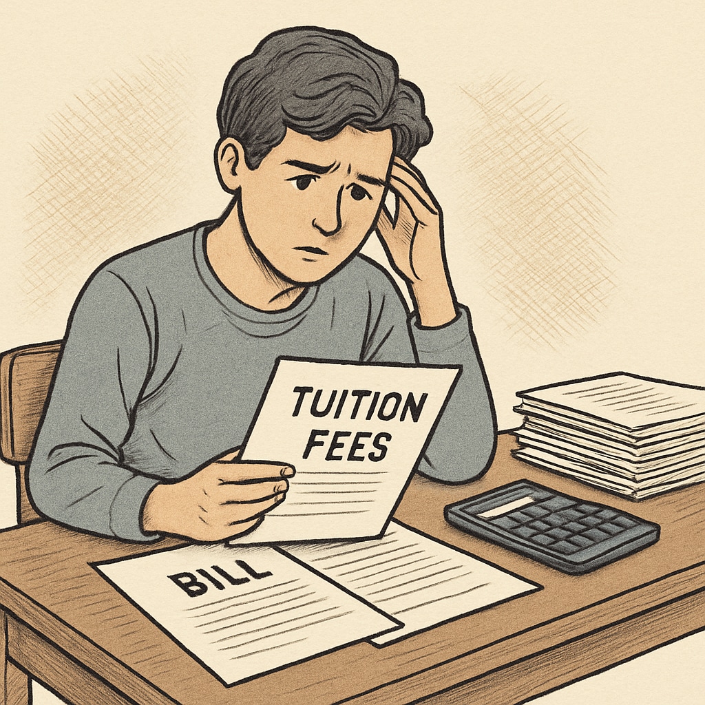 A student looking concerned while reviewing financial documents related to unpaid tuition fees, symbolizing the stress associated with financial barriers. Student reviewing financial documents related to unpaid balances for transcripts.