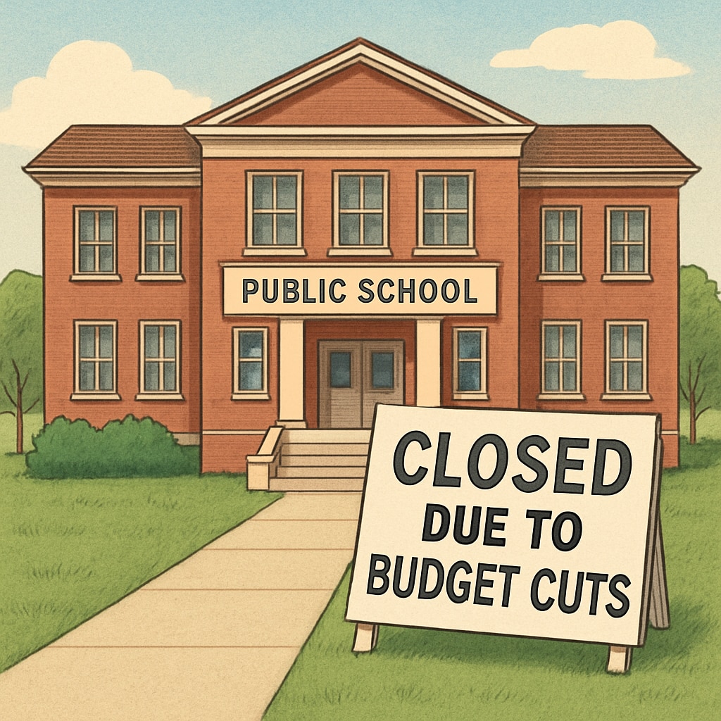 A closed public school building, with a visible sign indicating that the closure is due to budget cuts. Closed public school building with a