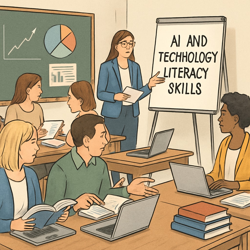 A professional development workshop for educators focused on teaching AI and tech literacy skills. Educators attending an AI training workshop, learning about tools like Google Gemini.